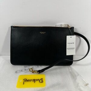 Coach New York Zip Pouch Wristlet Wallet Brass/Black Natural Grain Leather NWT